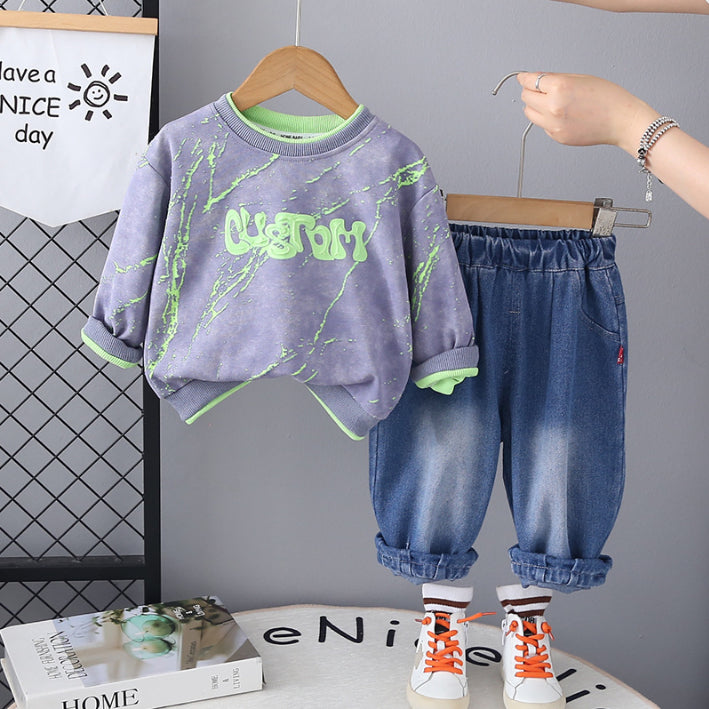 Unisex Kids Casual Outfit with Neon Print Sweatshirt & Jeans β Pink or Green (1-5 Years)
